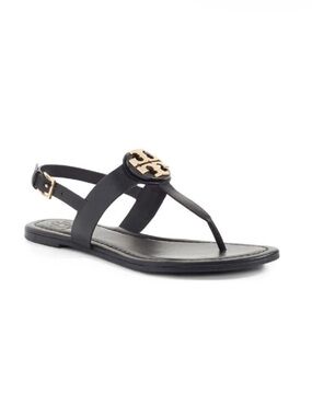 Tory Burch Black Bryce Flat Thong Sandal with Gold Logo size 8.5
